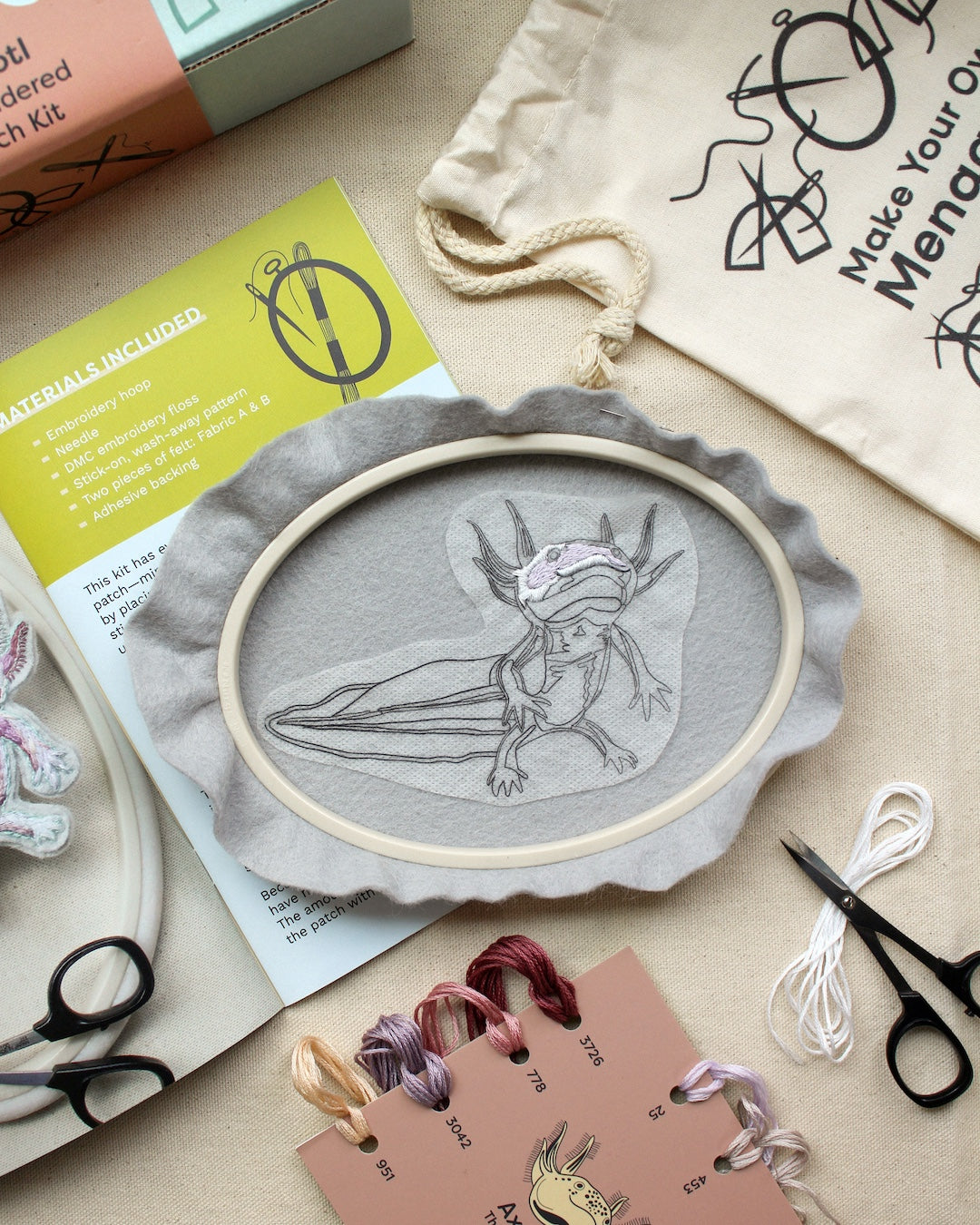 Axolotl Embroidered Patch Kit