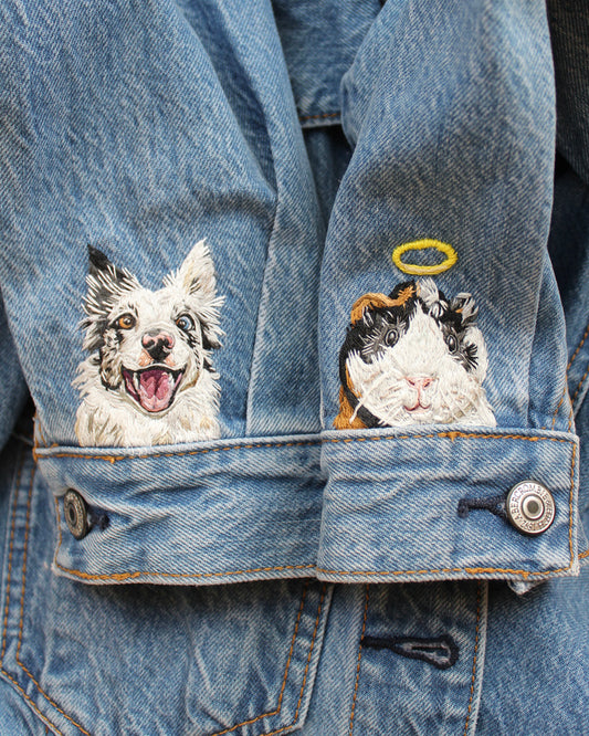 Two Embroidered Pet Portraits on Jacket Sleeves